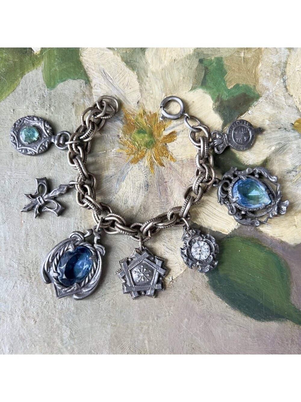 Vintage French Silver Tone Etruscan Revival Charm Fob Bracelet